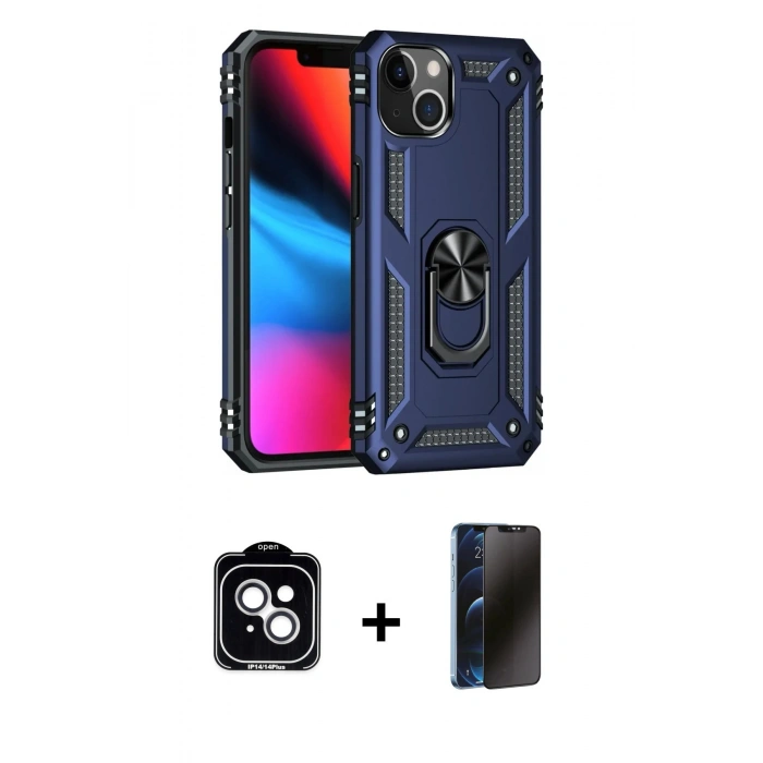 MARSİLYAN™- iPhone 14 Kılıf Ahenk Klasik Koleksiyonu - Siyah 3D Antistatik Hayalet Cam Ekran Koruyucu + PVD Metal Kamera Lens - GS