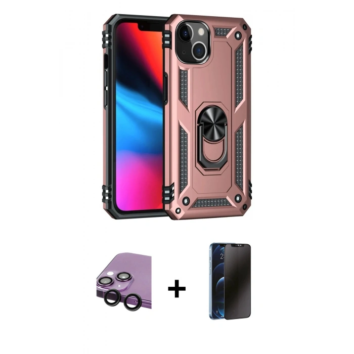 MARSİLYAN™- iPhone 14 Kılıf Ahenk Klasik Koleksiyonu - Siyah 3D Antistatik Hayalet Cam Ekran Koruyucu + Raze Metal Kamera Lens - SH