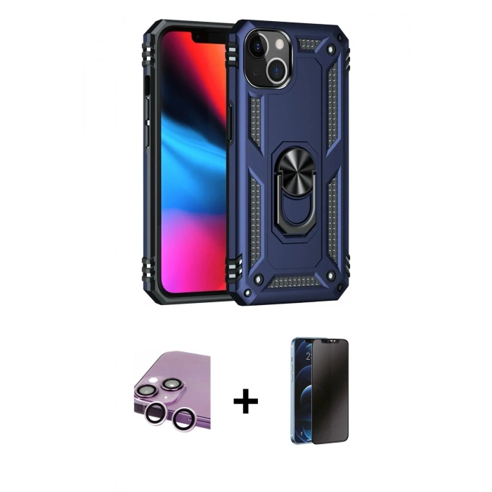 MARSİLYAN™- iPhone 14 Kılıf Ahenk Klasik Koleksiyonu - Siyah 3D Antistatik Hayalet Cam Ekran Koruyucu + Raze Metal Kamera Lens - MR