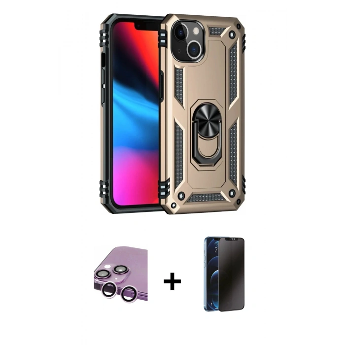 MARSİLYAN™- iPhone 14 Kılıf Ahenk Klasik Koleksiyonu - Siyah 3D Antistatik Hayalet Cam Ekran Koruyucu + Raze Metal Kamera Lens - MR
