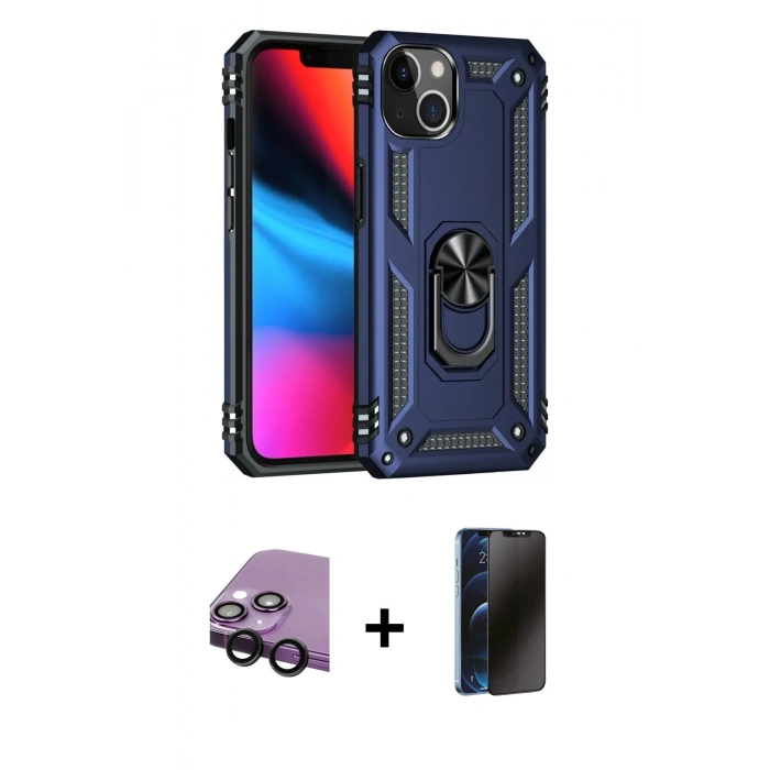 MARSİLYAN™- iPhone 14 Kılıf Ahenk Klasik Koleksiyonu - Siyah 3D Antistatik Hayalet Cam Ekran Koruyucu + Raze Metal Kamera Lens - SH