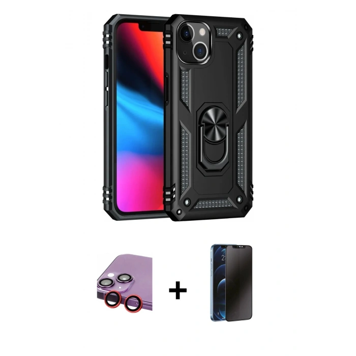 MARSİLYAN™- iPhone 14 Kılıf Ahenk Klasik Koleksiyonu - Siyah 3D Antistatik Hayalet Cam Ekran Koruyucu + Raze Metal Kamera Lens - KI