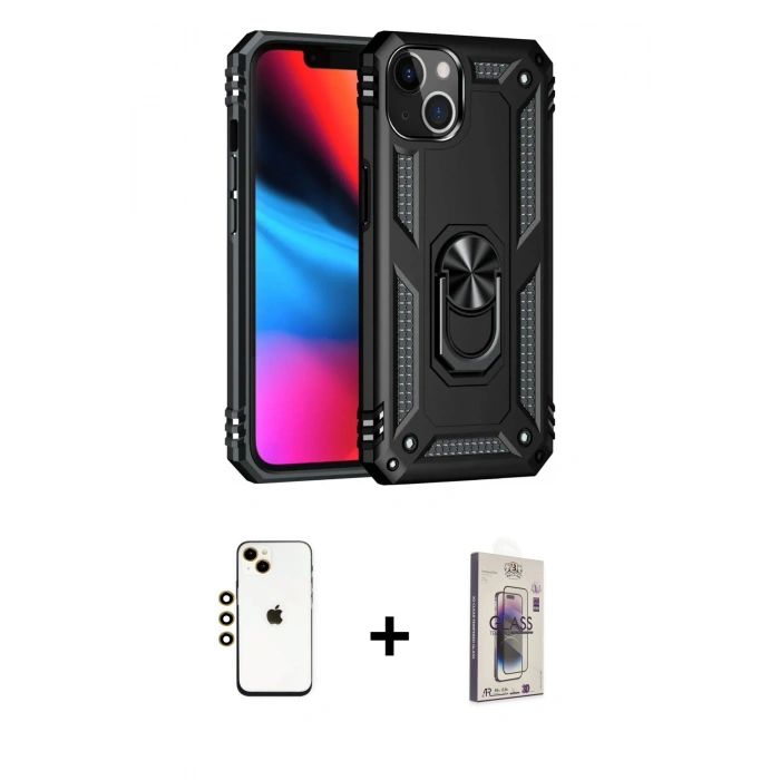 MARSİLYAN™- iPhone 14 Kılıf Ahenk Klasik Koleksiyonu - Siyah Bilvis 3D Cam Ekran Koruyucu + Shine Kamera Lens - GD