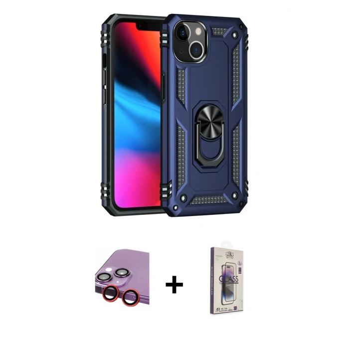 MARSİLYAN™- iPhone 14 Kılıf Ahenk Klasik Koleksiyonu - Siyah Bilvis 3D Cam Ekran Koruyucu + Raze Metal Kamera Lens - KI