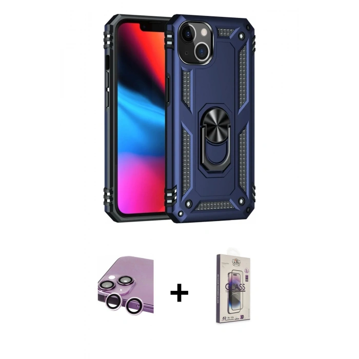 MARSİLYAN™- iPhone 14 Kılıf Ahenk Klasik Koleksiyonu - Siyah Bilvis 3D Cam Ekran Koruyucu + Raze Metal Kamera Lens - MR