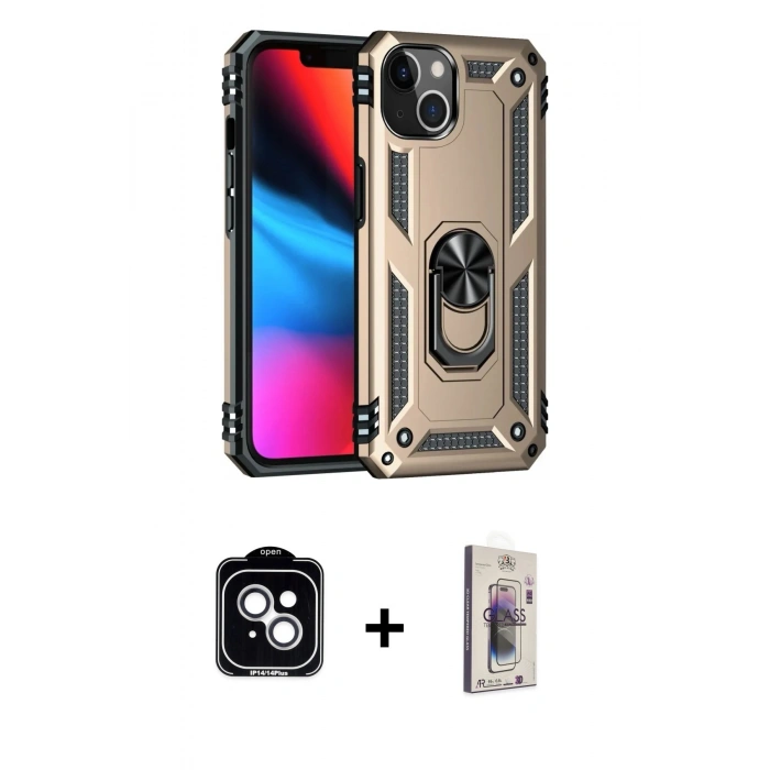 MARSİLYAN™- iPhone 14 Kılıf Ahenk Klasik Koleksiyonu - Siyah Bilvis 3D Cam Ekran Koruyucu + PVD Metal Kamera Lens - GS