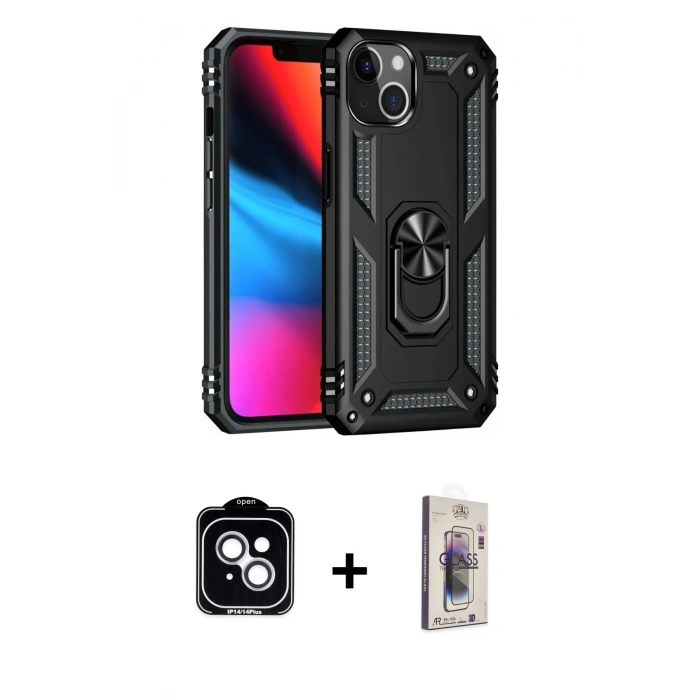 MARSİLYAN™- iPhone 14 Kılıf Ahenk Klasik Koleksiyonu - Siyah Bilvis 3D Cam Ekran Koruyucu + PVD Metal Kamera Lens - GS