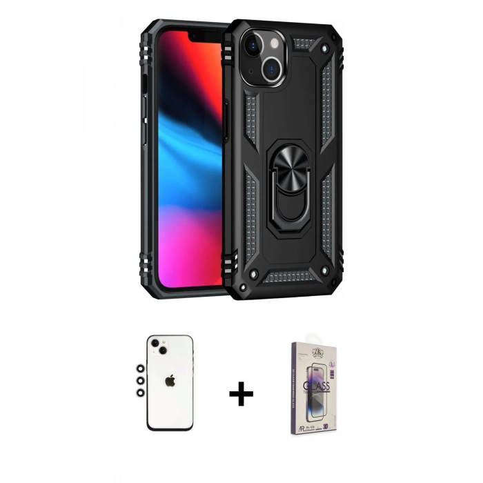 MARSİLYAN™- iPhone 14 Kılıf Ahenk Klasik Koleksiyonu - Siyah Bilvis 3D Cam Ekran Koruyucu + Shine Kamera Lens - GS