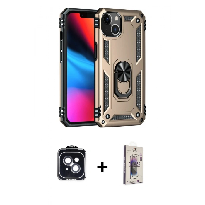 MARSİLYAN™- iPhone 14 Kılıf Ahenk Klasik Koleksiyonu - Siyah Bilvis 3D Cam Ekran Koruyucu + PVD Metal Kamera Lens - SH