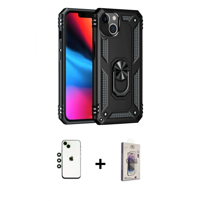 MARSİLYAN™- iPhone 14 Kılıf Ahenk Klasik Koleksiyonu - Siyah Bilvis 3D Cam Ekran Koruyucu + Shine Kamera Lens - YL