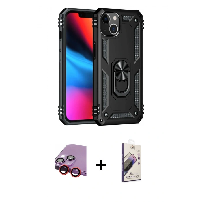 MARSİLYAN™- iPhone 14 Kılıf Ahenk Klasik Koleksiyonu - Siyah Bilvis 3D Mat Cam Ekran Koruyucu + Raze Metal Kamera Lens - KI