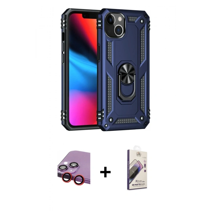 MARSİLYAN™- iPhone 14 Kılıf Ahenk Klasik Koleksiyonu - Siyah Bilvis 3D Mat Cam Ekran Koruyucu + Raze Metal Kamera Lens - KI