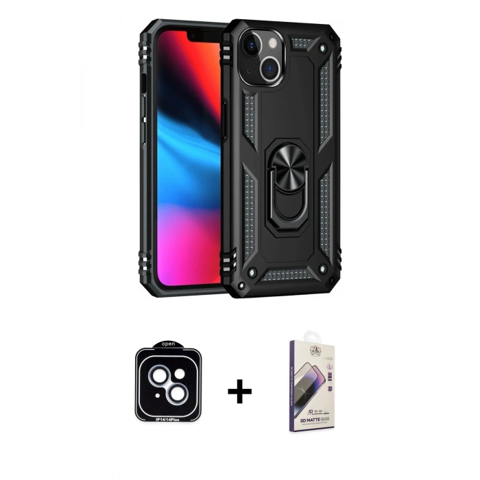 MARSİLYAN™- iPhone 14 Kılıf Ahenk Klasik Koleksiyonu - Siyah Bilvis 3D Mat Cam Ekran Koruyucu + PVD Metal Kamera Lens - MI