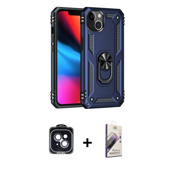 MARSİLYAN™- iPhone 14 Kılıf Ahenk Klasik Koleksiyonu - Siyah Bilvis 3D Mat Cam Ekran Koruyucu + PVD Metal Kamera Lens - SH