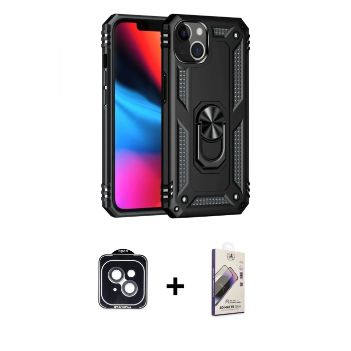 MARSİLYAN™- iPhone 14 Kılıf Ahenk Klasik Koleksiyonu - Siyah Bilvis 3D Mat Cam Ekran Koruyucu + PVD Metal Kamera Lens - SH