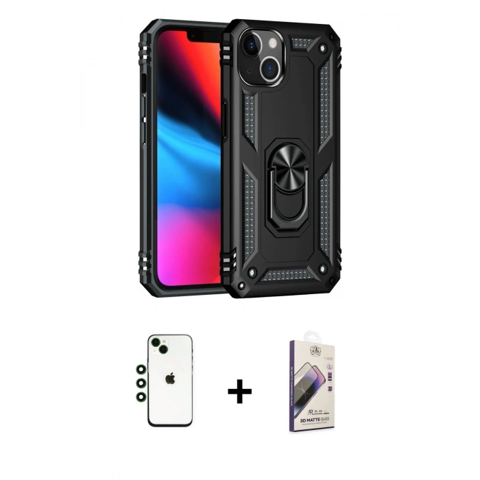 MARSİLYAN™- iPhone 14 Kılıf Ahenk Klasik Koleksiyonu - Siyah Bilvis 3D Mat Cam Ekran Koruyucu + Shine Kamera Lens - YL