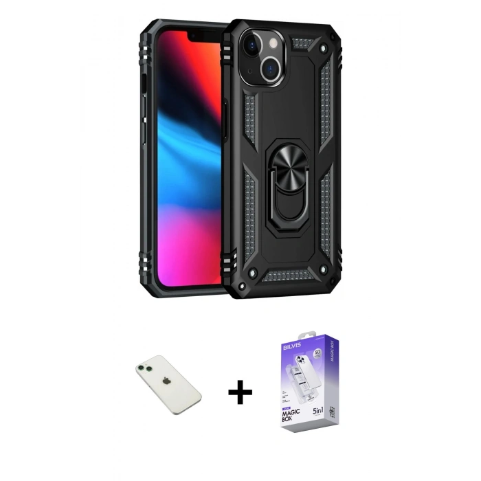 MARSİLYAN™- iPhone 14 Kılıf Ahenk Klasik Koleksiyonu - Siyah Bilvis 5in1 3D Magic Cam Ekran Koruyucu + Diamond Kamera Lens - YL