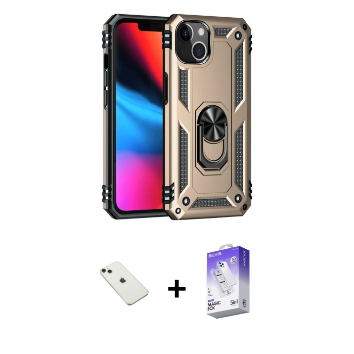MARSİLYAN™- iPhone 14 Kılıf Ahenk Klasik Koleksiyonu - Siyah Bilvis 5in1 3D Magic Cam Ekran Koruyucu + Diamond Kamera Lens - YL