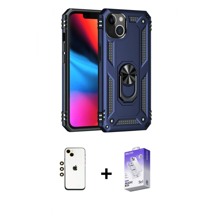 MARSİLYAN™- iPhone 14 Kılıf Ahenk Klasik Koleksiyonu - Siyah Bilvis 5in1 3D Magic Cam Ekran Koruyucu + Shine Kamera Lens - GD