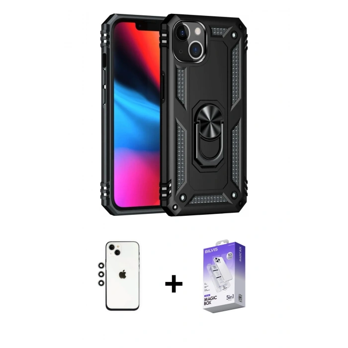 MARSİLYAN™- iPhone 14 Kılıf Ahenk Klasik Koleksiyonu - Siyah Bilvis 5in1 3D Magic Cam Ekran Koruyucu + Gümüş Shine Kamera Lens