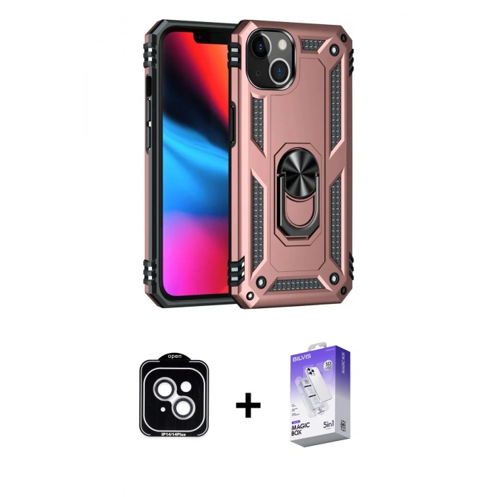 MARSİLYAN™- iPhone 14 Kılıf Ahenk Klasik Koleksiyonu - Siyah Bilvis 5in1 3D Magic Cam Ekran Koruyucu + Gümüş PVD Metal Kamera Lens