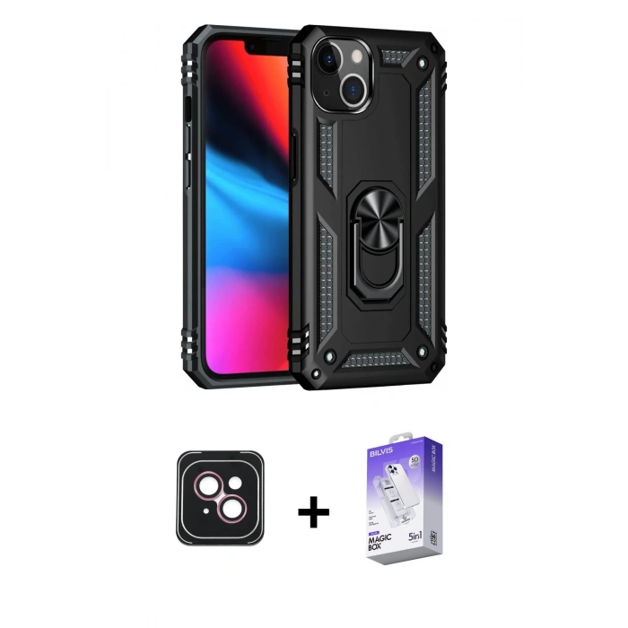 MARSİLYAN™- iPhone 14 Kılıf Ahenk Klasik Koleksiyonu - Siyah Bilvis 5in1 3D Magic Cam Ekran Koruyucu + PVD Metal Kamera Lens - PE