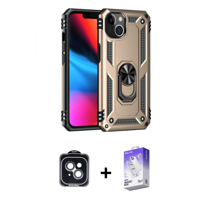 MARSİLYAN™- iPhone 14 Kılıf Ahenk Klasik Koleksiyonu - Siyah Bilvis 5in1 3D Magic Cam Ekran Koruyucu + PVD Metal Kamera Lens - SH