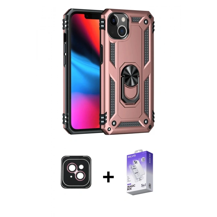 MARSİLYAN™- iPhone 14 Kılıf Ahenk Klasik Koleksiyonu - Siyah Bilvis 5in1 3D Magic Cam Ekran Koruyucu + PVD Metal Kamera Lens - PE