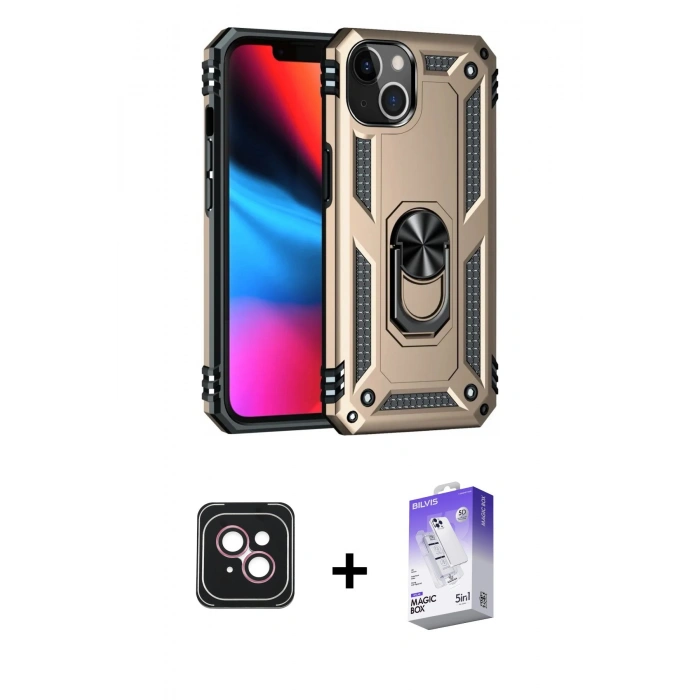 MARSİLYAN™- iPhone 14 Kılıf Ahenk Klasik Koleksiyonu - Siyah Bilvis 5in1 3D Magic Cam Ekran Koruyucu + PVD Metal Kamera Lens - PE