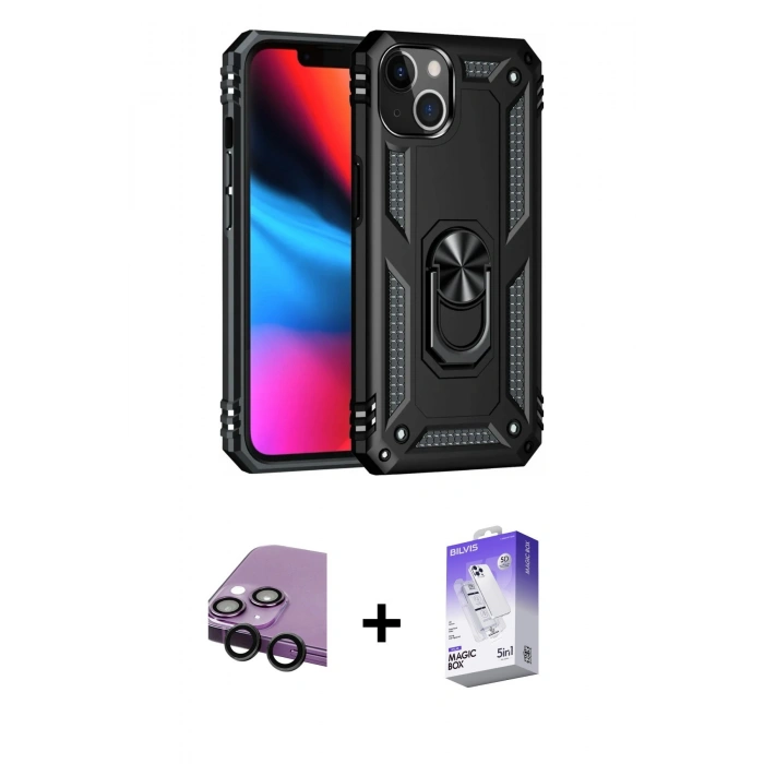 MARSİLYAN™- iPhone 14 Kılıf Ahenk Klasik Koleksiyonu - Siyah Bilvis 5in1 3D Magic Cam Ekran Koruyucu + Raze Metal Kamera Lens - SH