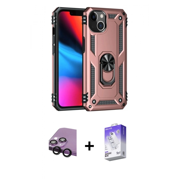 MARSİLYAN™- iPhone 14 Kılıf Ahenk Klasik Koleksiyonu - Siyah Bilvis 5in1 3D Magic Cam Ekran Koruyucu + Raze Metal Kamera Lens - SH