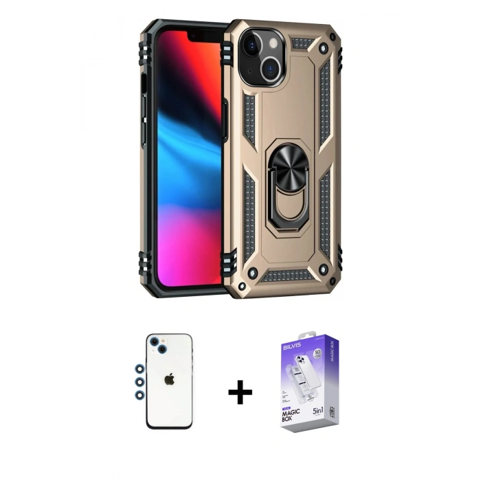 MARSİLYAN™- iPhone 14 Kılıf Ahenk Klasik Koleksiyonu - Siyah Bilvis 5in1 3D Magic Cam Ekran Koruyucu + Shine Kamera Lens - MI