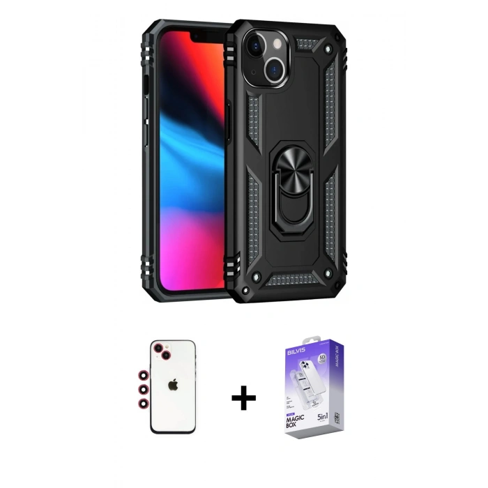 MARSİLYAN™- iPhone 14 Kılıf Ahenk Klasik Koleksiyonu - Siyah Bilvis 5in1 3D Magic Cam Ekran Koruyucu + Shine Kamera Lens - KI