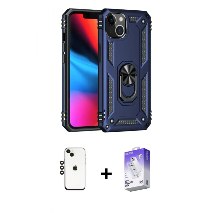 MARSİLYAN™- iPhone 14 Kılıf Ahenk Klasik Koleksiyonu - Siyah Bilvis 5in1 3D Magic Cam Ekran Koruyucu + Shine Kamera Lens - SH