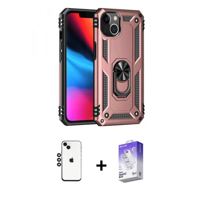 MARSİLYAN™- iPhone 14 Kılıf Ahenk Klasik Koleksiyonu - Siyah Bilvis 5in1 3D Magic Cam Ekran Koruyucu + Shine Kamera Lens - SH