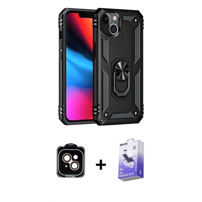 MARSİLYAN™- iPhone 14 Kılıf Ahenk Klasik Koleksiyonu - Siyah Bilvis 5in1 5D Magic Hayalet Cam Ekran Koruyucu + PVD Metal Kamera Lens - TU