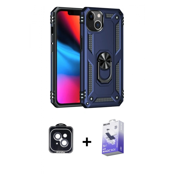 MARSİLYAN™- iPhone 14 Kılıf Ahenk Klasik Koleksiyonu - Siyah Bilvis 5in1 5D Magic Hayalet Cam Ekran Koruyucu + PVD Metal Kamera Lens - SH