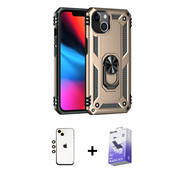 MARSİLYAN™- iPhone 14 Kılıf Ahenk Klasik Koleksiyonu - Siyah Bilvis 5in1 5D Magic Hayalet Cam Ekran Koruyucu + Shine Kamera Lens - GD
