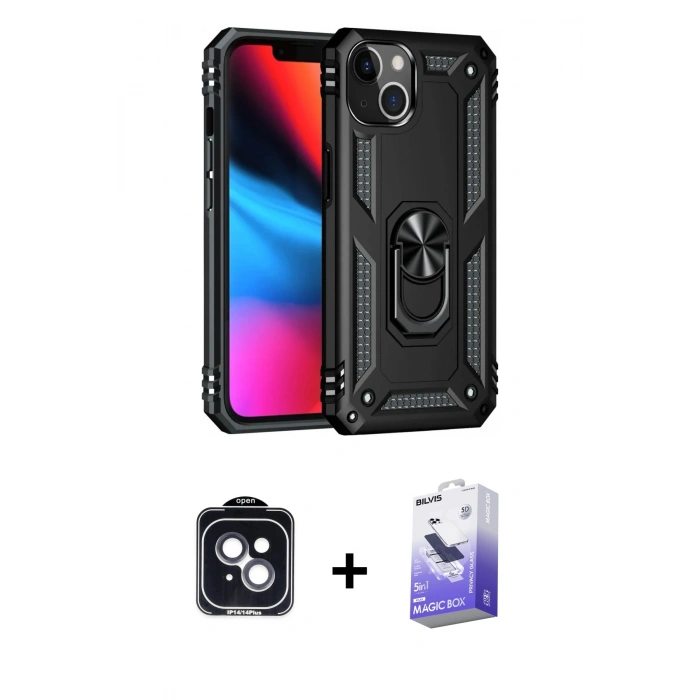 MARSİLYAN™- iPhone 14 Kılıf Ahenk Klasik Koleksiyonu - Siyah Bilvis 5in1 5D Magic Hayalet Cam Ekran Koruyucu + PVD Metal Kamera Lens - SH