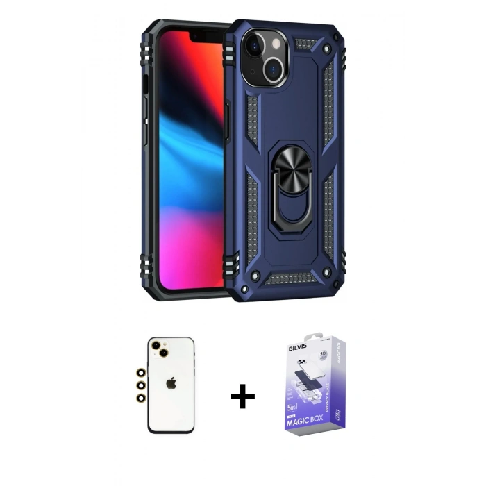 MARSİLYAN™- iPhone 14 Kılıf Ahenk Klasik Koleksiyonu - Siyah Bilvis 5in1 5D Magic Hayalet Cam Ekran Koruyucu + Shine Kamera Lens - GD
