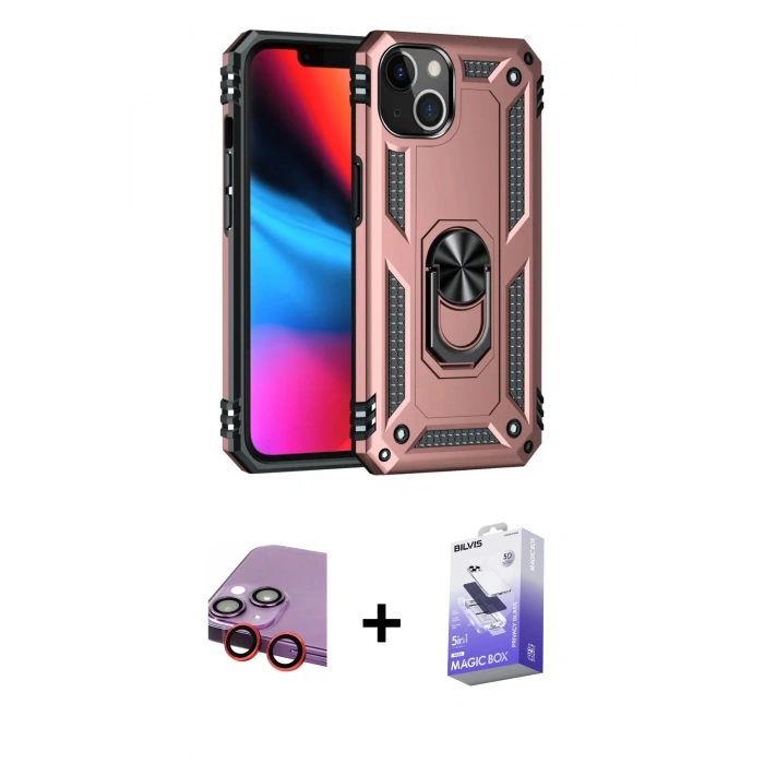 MARSİLYAN™- iPhone 14 Kılıf Ahenk Klasik Koleksiyonu - Siyah Bilvis 5in1 5D Magic Hayalet Cam Ekran Koruyucu + Raze Metal Kamera Lens - KI