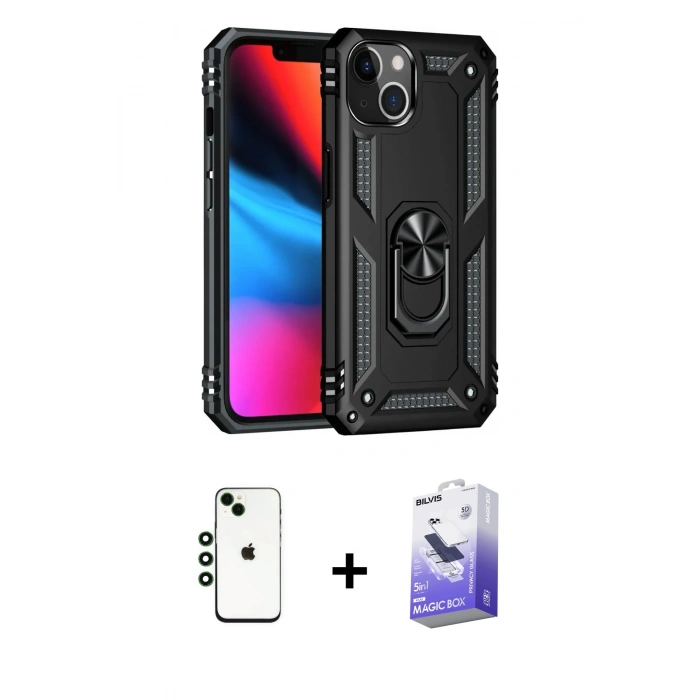 MARSİLYAN™- iPhone 14 Kılıf Ahenk Klasik Koleksiyonu - Siyah Bilvis 5in1 5D Magic Hayalet Cam Ekran Koruyucu + Shine Kamera Lens - YL