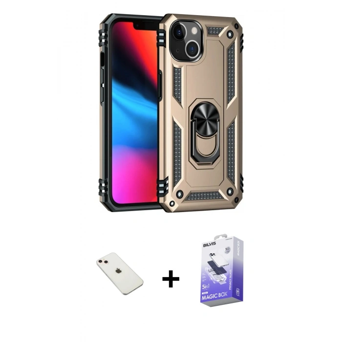 MARSİLYAN™- iPhone 14 Kılıf Ahenk Klasik Koleksiyonu - Siyah Bilvis 5in1 5D Magic Hayalet Cam Ekran Koruyucu + Diamond Kamera Lens - PE