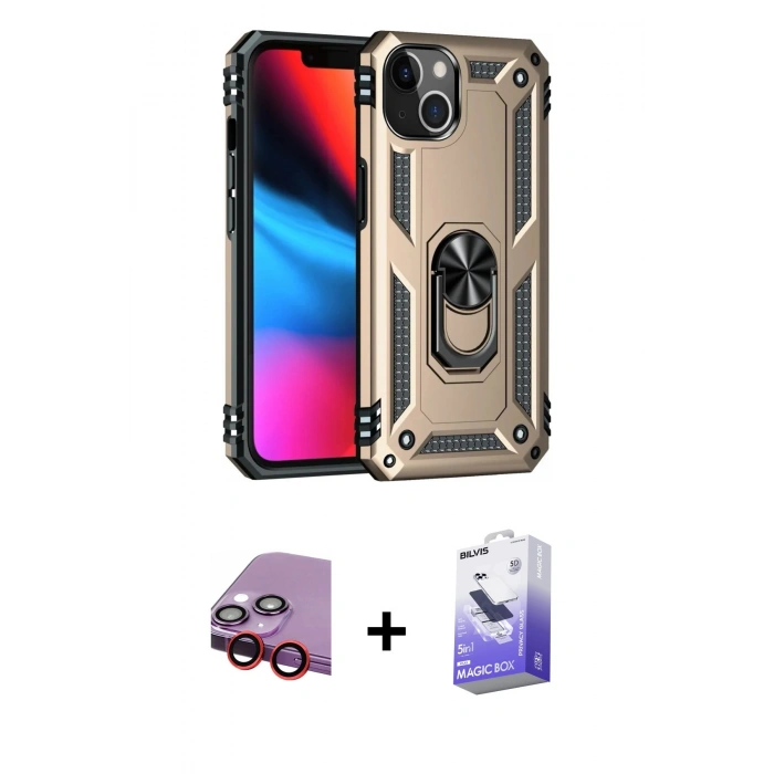 MARSİLYAN™- iPhone 14 Kılıf Ahenk Klasik Koleksiyonu - Siyah Bilvis 5in1 5D Magic Hayalet Cam Ekran Koruyucu + Raze Metal Kamera Lens - KI
