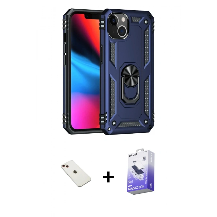 MARSİLYAN™- iPhone 14 Kılıf Ahenk Klasik Koleksiyonu - Siyah Bilvis 5in1 5D Magic Hayalet Cam Ekran Koruyucu + Kırmızı Diamond Kamera Lens