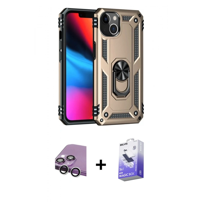 MARSİLYAN™- iPhone 14 Kılıf Ahenk Klasik Koleksiyonu - Siyah Bilvis 5in1 5D Magic Hayalet Cam Ekran Koruyucu + Raze Metal Kamera Lens - GS