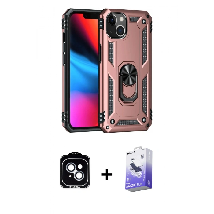 MARSİLYAN™- iPhone 14 Kılıf Ahenk Klasik Koleksiyonu - Siyah Bilvis 5in1 5D Magic Hayalet Cam Ekran Koruyucu + PVD Metal Kamera Lens - MI