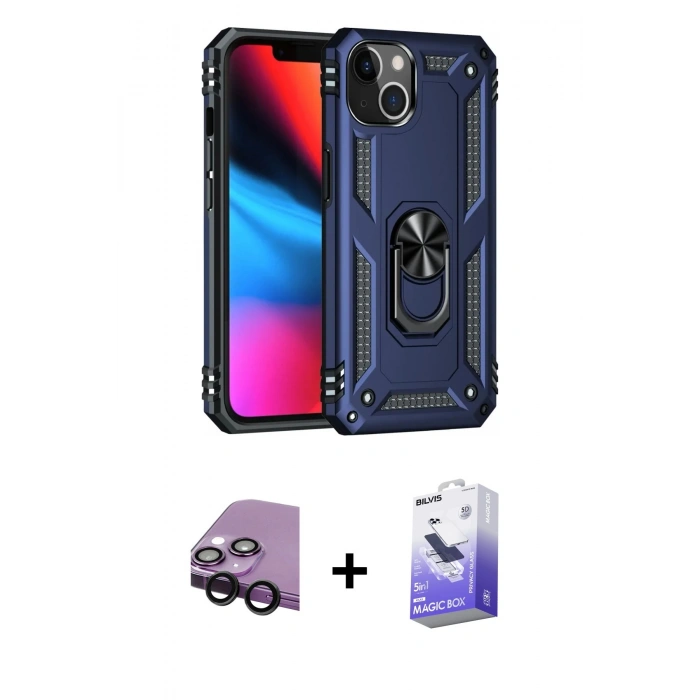 MARSİLYAN™- iPhone 14 Kılıf Ahenk Klasik Koleksiyonu - Siyah Bilvis 5in1 5D Magic Hayalet Cam Ekran Koruyucu + Raze Metal Kamera Lens - SH