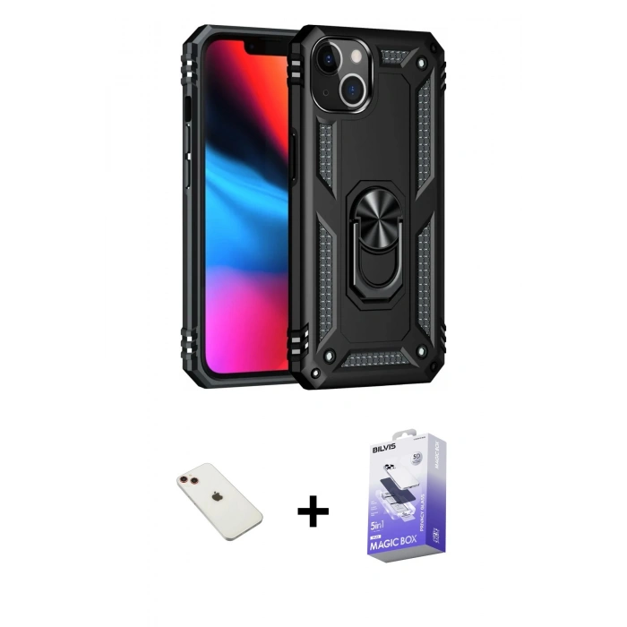 MARSİLYAN™- iPhone 14 Kılıf Ahenk Klasik Koleksiyonu - Siyah Bilvis 5in1 5D Magic Hayalet Cam Ekran Koruyucu + Kırmızı Diamond Kamera Lens