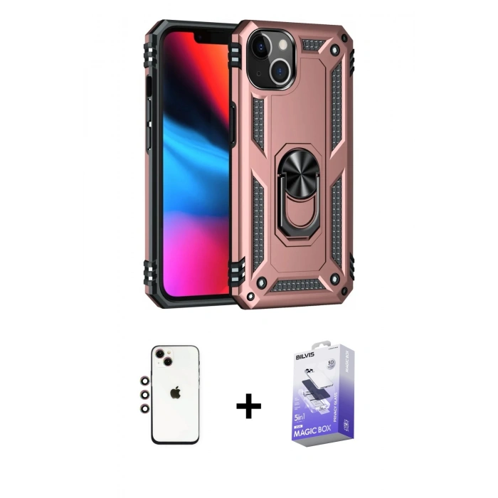 MARSİLYAN™- iPhone 14 Kılıf Ahenk Klasik Koleksiyonu - Siyah Bilvis 5in1 5D Magic Hayalet Cam Ekran Koruyucu + Shine Kamera Lens - GI
